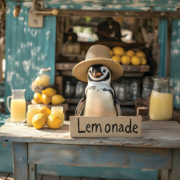 A whimsical image of a penguen with a straw hat selling lemonade at  a lemonade stand. 