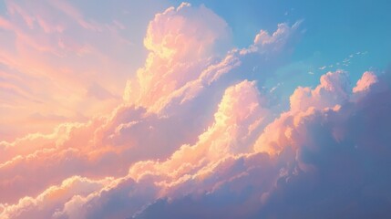 Fototapeta premium A tranquil sky scene featuring soft pink and orange clouds against a blue background, creating a serene and dreamy atmosphere.