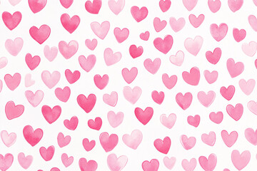 Seamless pattern of soft pink watercolor hearts in gradient tones scattered across a white background representing love  
