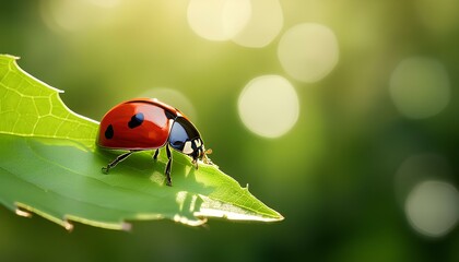 Fototapeta premium ladybug on green leaf with blurry background.