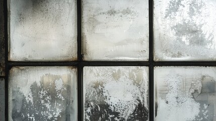 A close-up view of a set of foggy glass blocks, creating a textured and abstract pattern. The moisture adds a unique quality to the window.