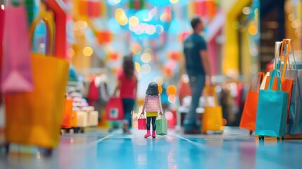 A child walks through a vibrant shopping mall, carrying colorful bags amidst festive decorations.