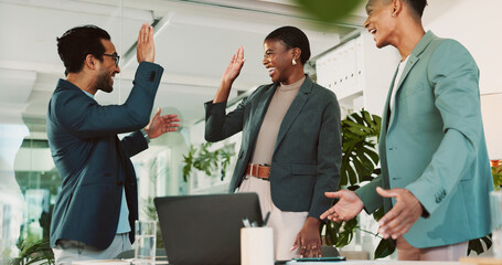 Office, high five and report feedback for laptop, proposal and research notes with celebration for...