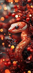 A red and gold snake with sparkling background with copy space for Chinese New Year. 