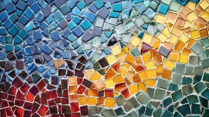 A vibrant mosaic artwork featuring a blend of colorful tiles in shades of blue, green, yellow, orange, and red, creating a beautiful abstract pattern.