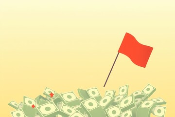 Red Flag on a Mountain of Money: A red flag is planted into a large stack of money, symbolizing achievement and potential danger.  