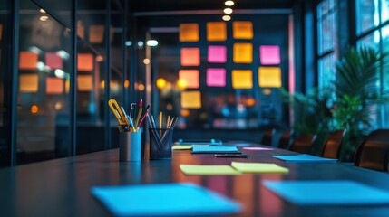 A bright boardroom where glowing tools highlight strategic action points for team planning sessions
