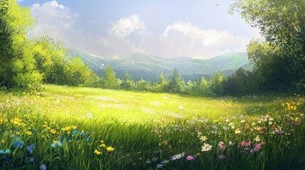 A serene image of a lush green meadow adorned with colorful wildflowers, set against a backdrop of distant hills and bright blue skies.