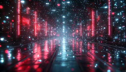 Obraz premium Neon Lit Cyberpunk Corridor With Falling Particles