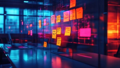 A bright coworking space with glowing sticky notes and visual boards streamlining agenda organization