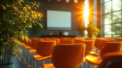 A bright hall with glowing visuals encouraging active engagement during a conference session, natural light enhancing the mood