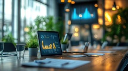 A bright meeting room where glowing dashboards encourage lively engagement during strategy discussions, natural light adding energy