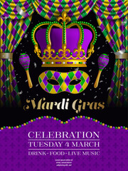 mardi gras party poster with crown and mask. carnival celebration flyer © Angelica