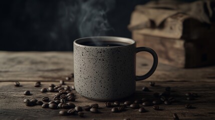 A cozy scene featuring a speckled ceramic coffee mug filled with steaming black coffee on a rustic wooden table surrounded by scattered coffee beans. The moody lighting evokes warmth and relaxation
