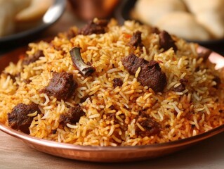 Delicious lamb biryani in a copper bowl.