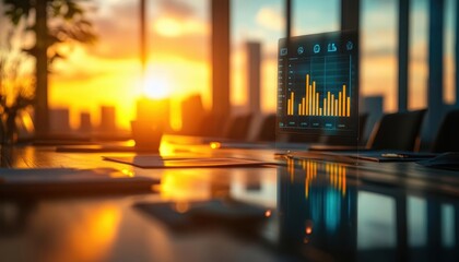 A glowing productivity tracker displayed on a screen in a sunlit boardroom, measuring the efficiency of strategic meetings