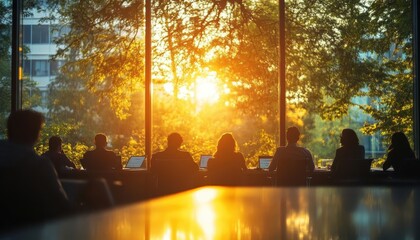 A serene breakout session where participants use glowing tools to collaborate, sunlight streaming through large windows