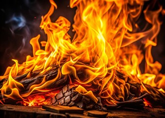 Fiery Embers: Close-Up Orange Flame Photography -  High-Resolution Stock Image for Fire, Blaze, Inferno, Burning
