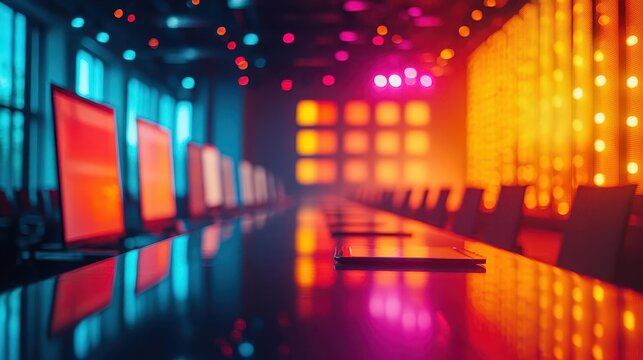 A vibrant conference setup with glowing polls and QA boards encouraging audience engagement in real time