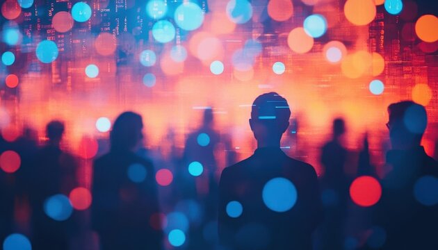 A vibrant networking session in a bright conference venue, glowing strategy notes displayed on devices as connections are made
