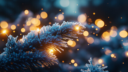 Fototapeta premium Frosted Pine Branches with Fairy Lights in Winter Wonderland