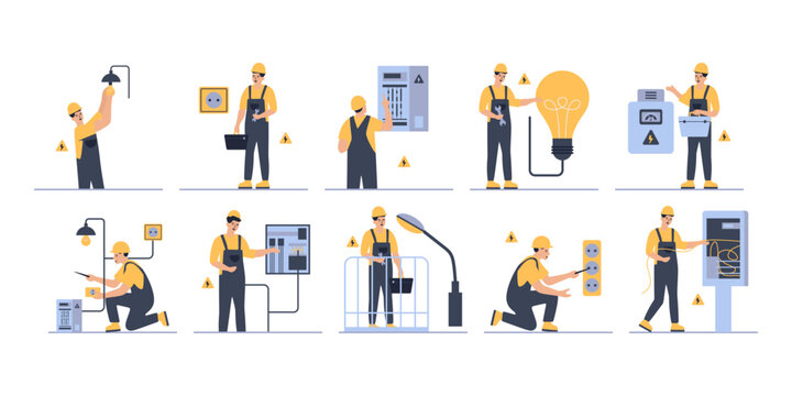 Electrician concept flat illustration set. Includes of fixing a light bulb, testing electrical circuits, and installing a power outlet. Vector illustration isolated transparent background