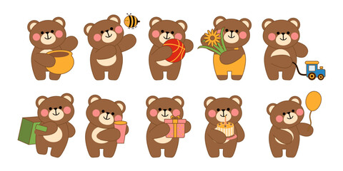 Cute Bear concept flat illustration set. Includes of chibi bear style, bear holding a gift, and bear reading a book. Vector illustration isolated transparent background