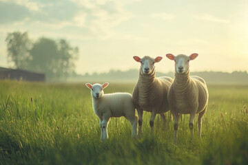 Fototapeta premium Two adult sheep and a lamb standing in a lush green pasture at sunrise.