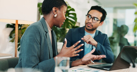 Office, collaboration and team advice for laptop, proposal and research notes with document for...