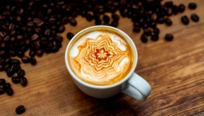 A cup of cappuccino or latte art with coffee beans in the background