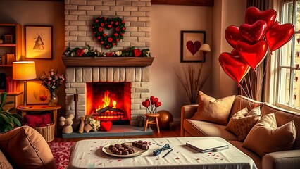 Cozy Living Room Decorated for a Romantic Celebration With Heart-Shaped Balloons and a Warm Fire
