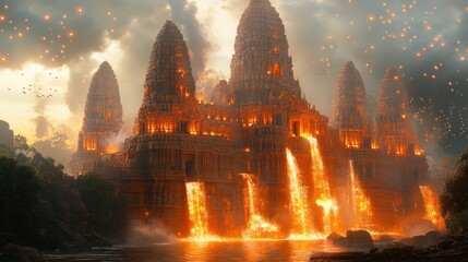 Fototapeta premium A fiery temple surrounded by waterfalls and mystical lights in a dramatic landscape.