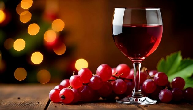 A glass of red wine with a bunch of fresh red grapes on a wooden table, with blurred holiday lights in the background