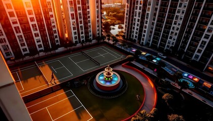 A residential neighborhood with apartment buildings surrounding a central green space with a circular fountain or water feature in the middle, with the sun setting in the background