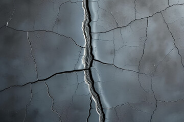 A close-up of a cracked metal surface. The cracks are sharp and well defined, forming a web-like pattern. The surface is silvery gray and has a slightly textured appearance. Abstract background