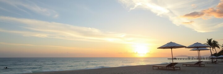 Fototapeta premium A stunning beach landscape with white sandy shores, crystal clear waters, lush palm trees, colorful umbrellas, and a vibrant sunset sky, palm trees, sand