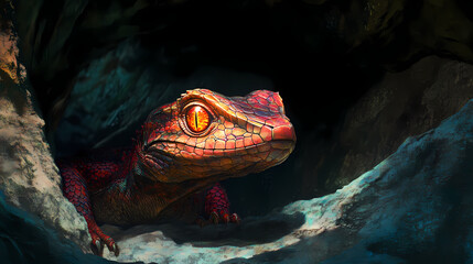 Ruby basilisk in a deep cave its scales glinting like precious stones with a hypnotic gaze that petrifies onlookers. basilisk gaze. illustration. Basilisk. Illustration