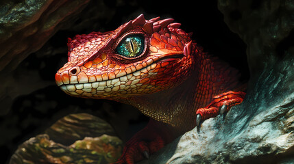 Ruby basilisk in a deep cave its scales glinting like precious stones with a hypnotic gaze that petrifies onlookers. basilisk gaze. illustration. Basilisk. Illustration