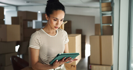 Woman, tablet and typing in business for logistics, order process and package checklist in office....