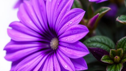 Obraz premium Close-up shot of vibrant purple flower petals and delicate green leaves, shot, nature