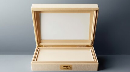 Empty beige luxury wooden box with gold clasp open on gray background.