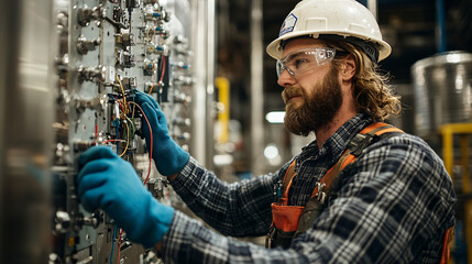 Side view of an electrician working on a control panel in a factory, focused on connecting wires with tools in hand, wearing a helmet and gloves.