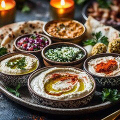 Orientalische Mezze-Platte mit Hummus, Taboulé und Fladenbrot – Serviert in gemütlichem Ambiente bei Kerzenschein