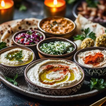 Orientalische Mezze-Platte mit Hummus, Taboul&eacute; und Fladenbrot &ndash; Serviert in gem&uuml;tlichem Ambiente bei Kerzenschein