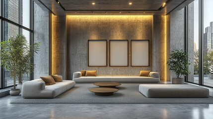 Modern minimalist living room with neutral tones and natural light.