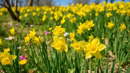 Fototapeta premium Field of bright yellow daffodil flowers blooming under the clear blue sky on a sunny day, sunny, blossom, nature