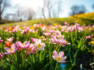 Obraz premium Field of vibrant yellow daffodil flowers blooming under a clear blue sky, seasonal, bright
