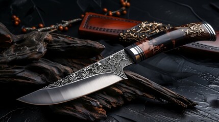 Damascus Knife with Dark Brown Wood and Gold Accents, ダークブラウンの木材と金飾りのダマスカスナイフ.Generative AI