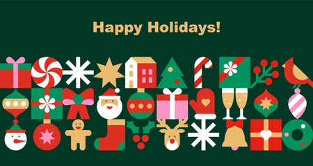 Christmas and New Year banner template for card, invitation or advertising. Seamless border with icons in abstract modern flat style. Happy holidays. Winter wishes. Vector illustration.