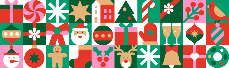 Merry Christmas background. Seamless pattern with winter icons in abstract modern geometric flat style.Design for greeting card, invitation or web.Happy holidays.Vector illustration.